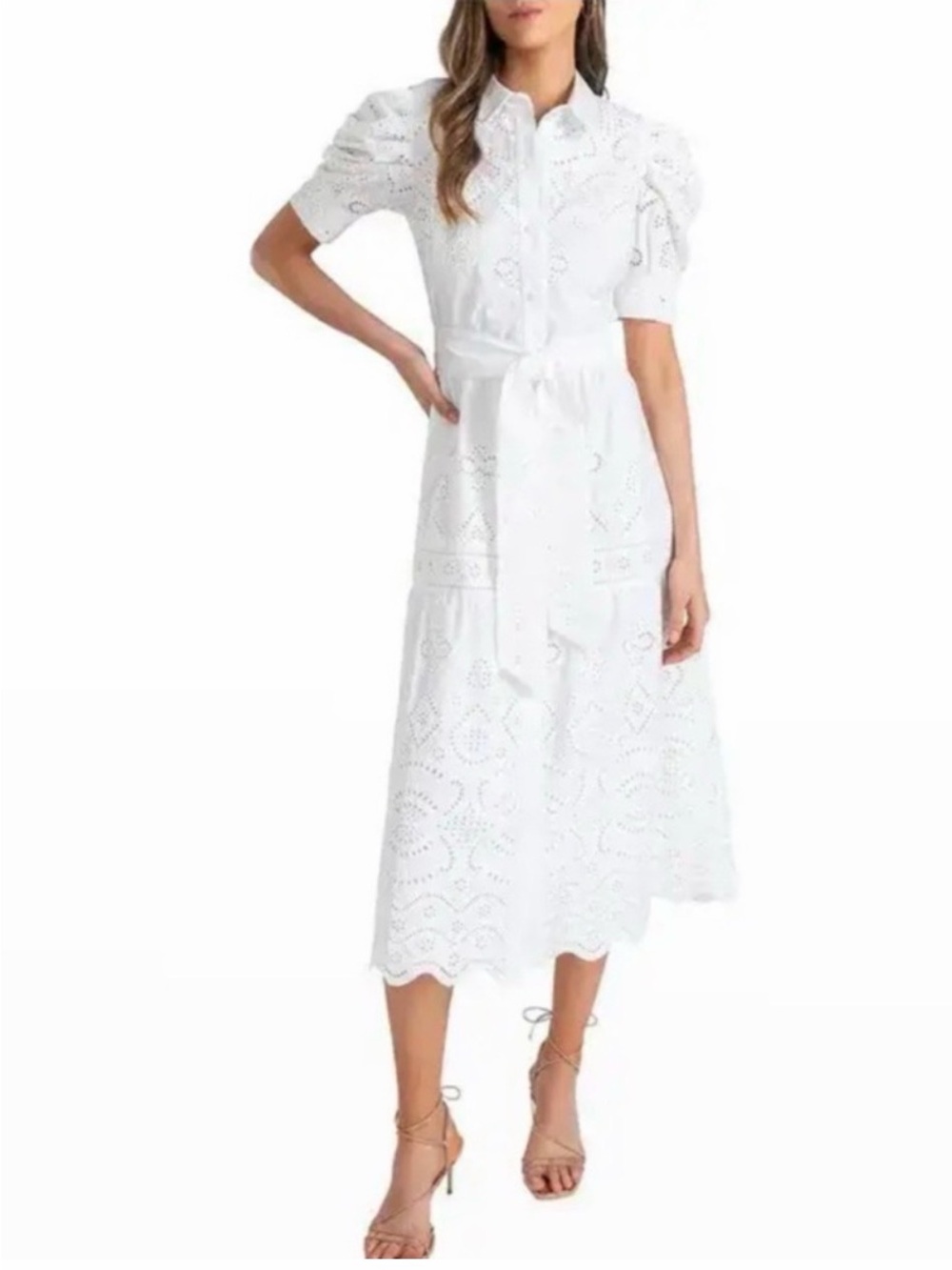 Shoshanna White Eyelet Midi Shirtdress with Tie Waist